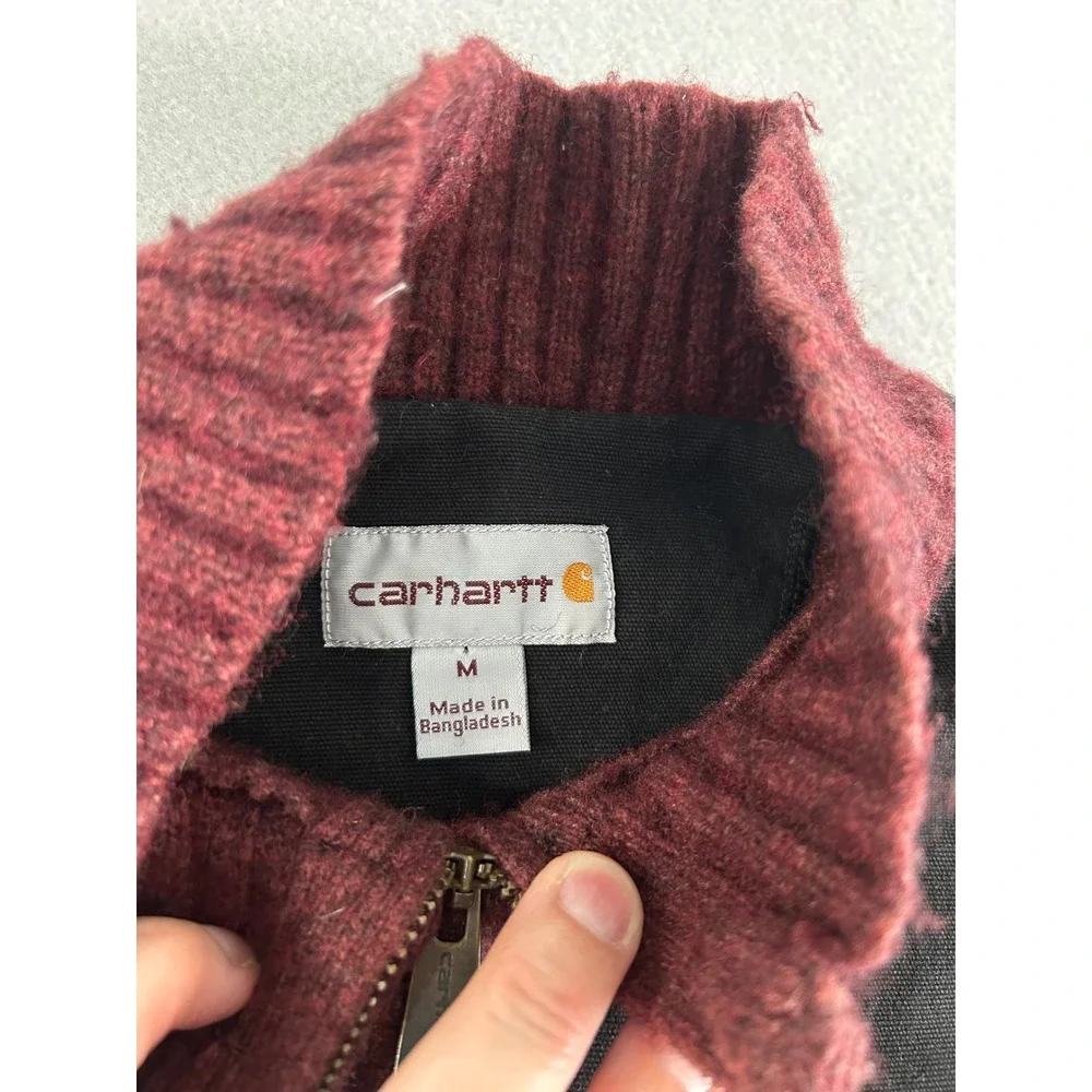 Carhartt Quarter Zip Sweater Mens Medium Burgundy Wool Blend Canvas Overlays